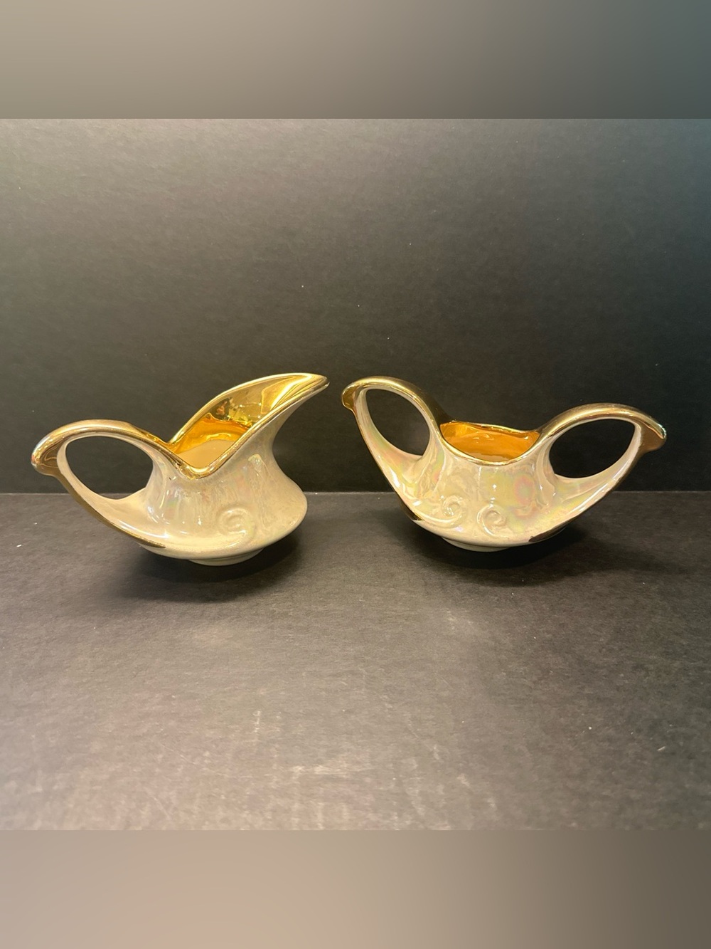 Vintage Pearl China Co Iridescent Lusterware Creamer Sugar Bowl Spooky Set 22K